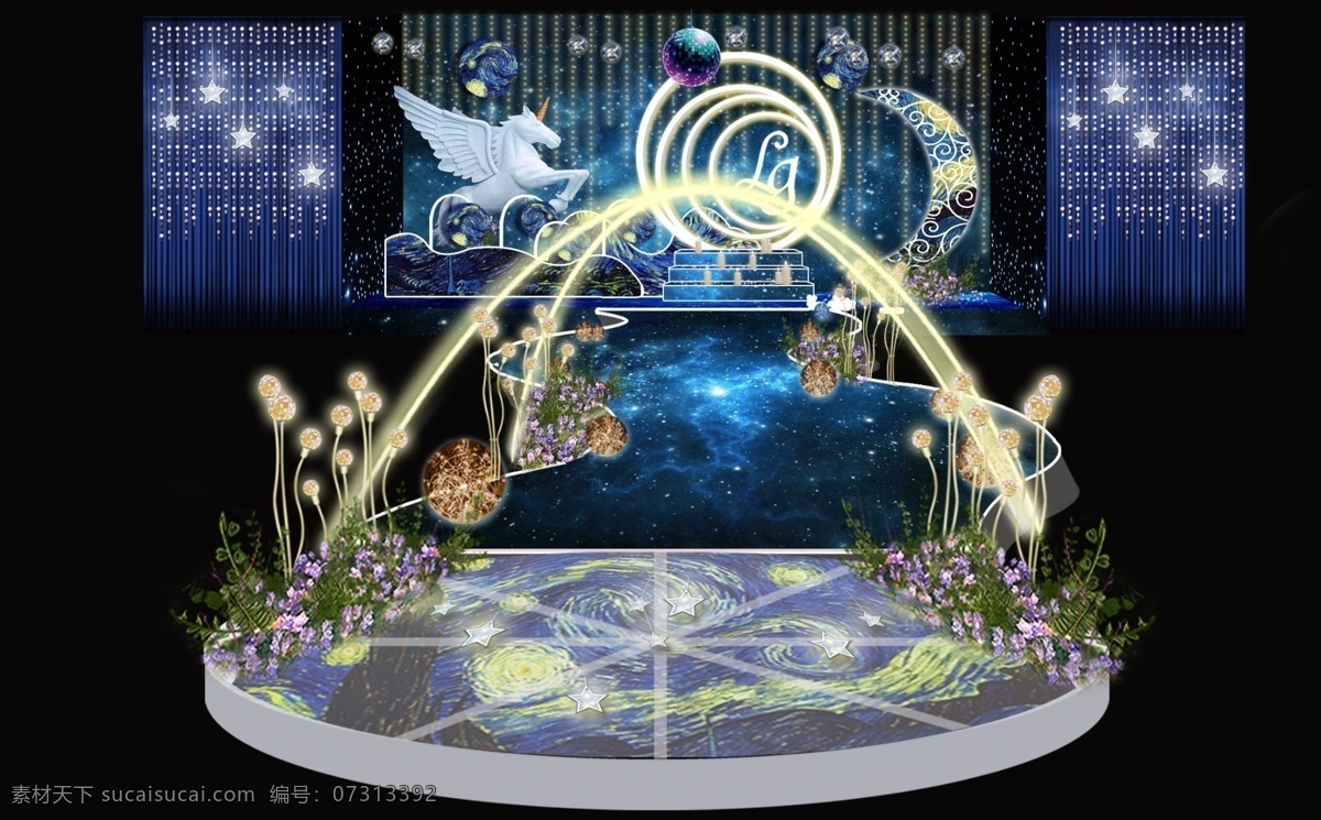 星空 蓝色 婚庆 工装 效果图 婚礼 舞台 花艺 灯光 梵高 玻璃 月亮 独角兽 蜡烛 台阶 交接区 星星灯 婚礼效果图 舞台效果图 全景效果图 星空背景