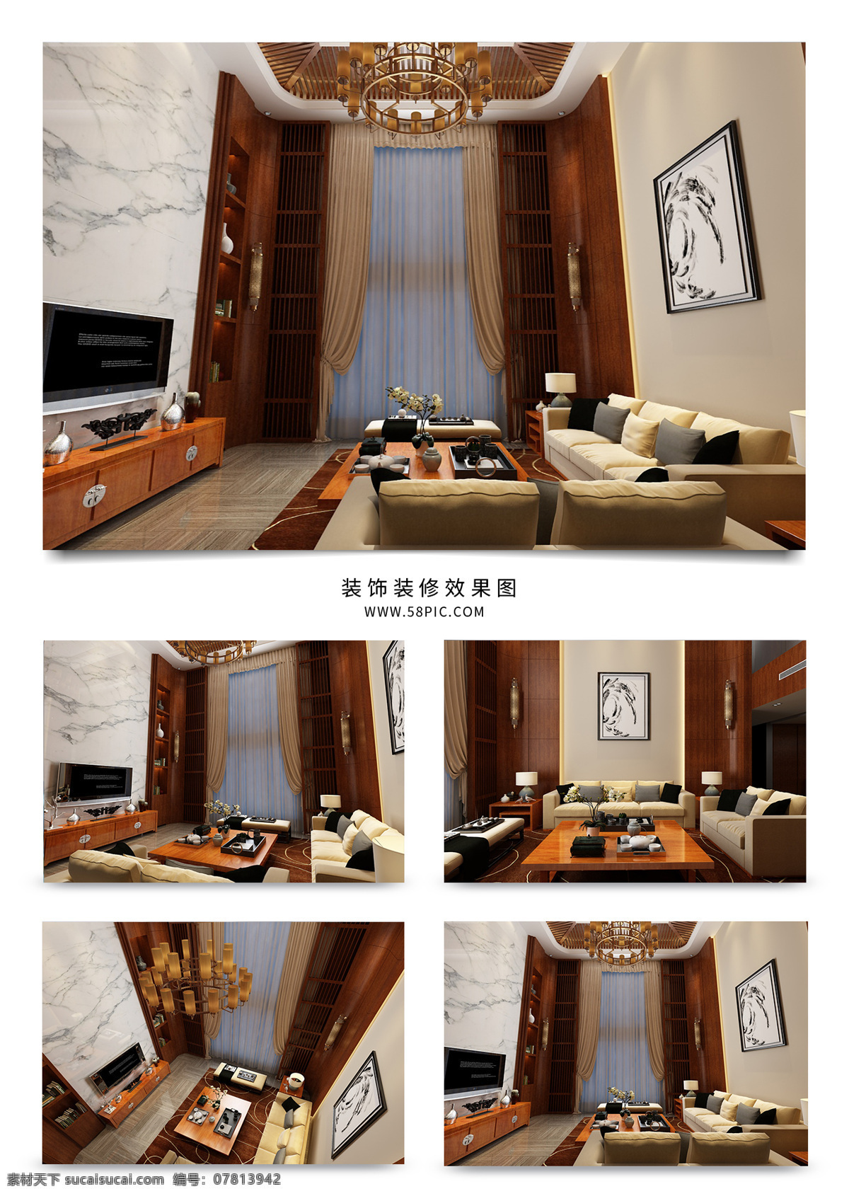 中式 复式 客厅 装修 效果图 赏析 大理石 挂画 工艺品 窗帘 落地窗 组合沙发 组合电视柜