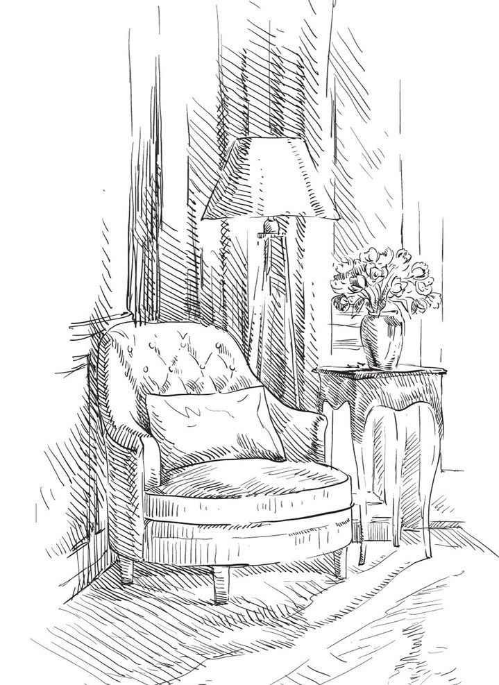 手绘室内设计 素描 客厅 室内设计 沙发 插画 手绘 室内 欧式 时尚 背景 矢量 室内设计矢量 建筑家居