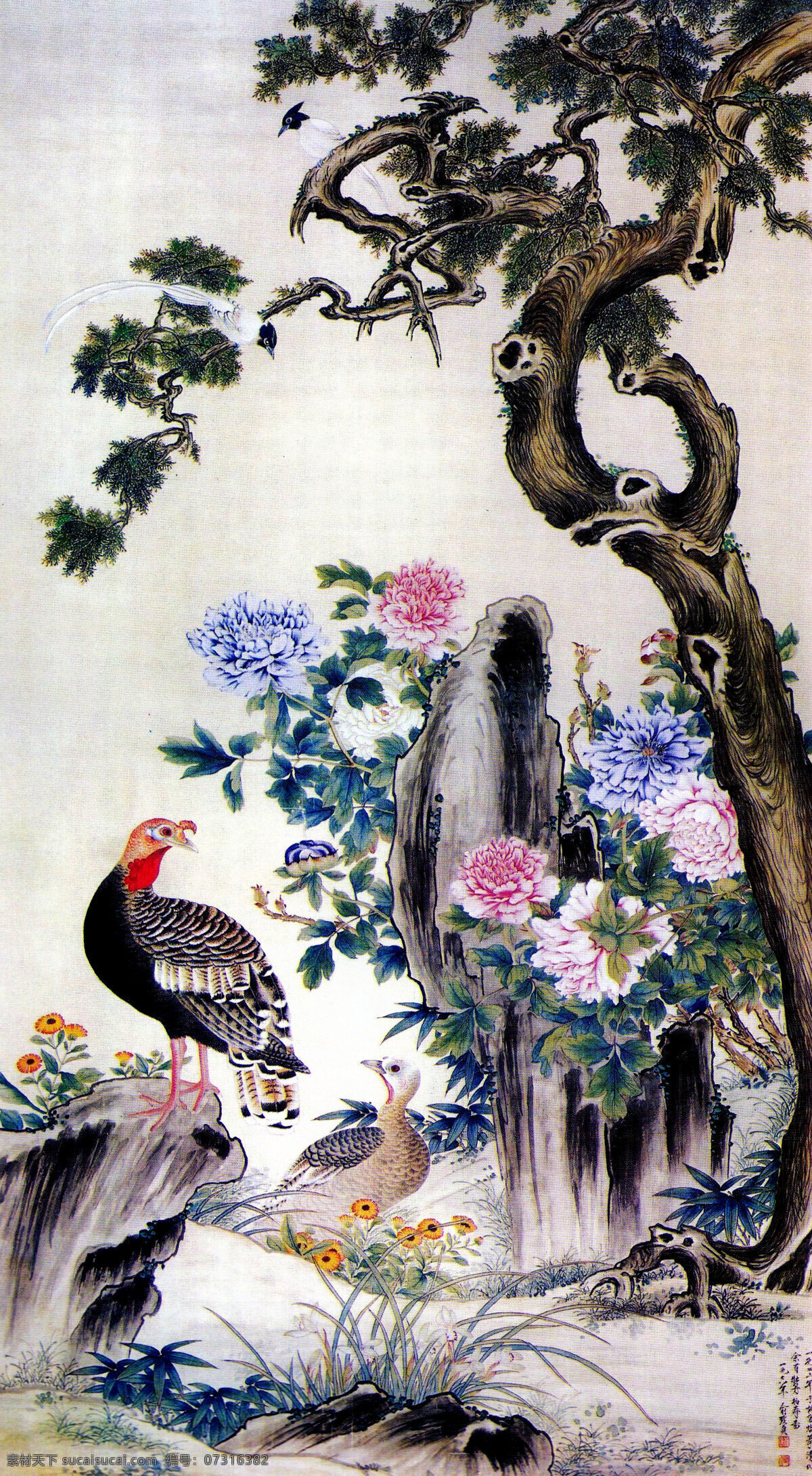 百寿图 草地 工笔画 国画艺术 花草 花鸟画 绘画 绘画书法 百 寿 图 设计素材 模板下载 中国画 现代国画 雉鸡 白带鸟 美丽羽毛 牡丹花 松树 小溪 竹叶 石头 书法 印章 国画集17 文化艺术 装饰素材 雕刻 图案