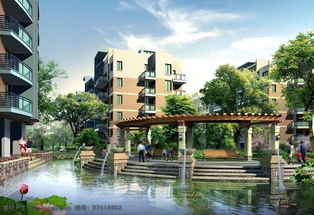 仙桃 花园 景观设计 池塘 喷泉 人物 荷花 草地 树木 房屋 建筑物 蓝天 白云 环境设计