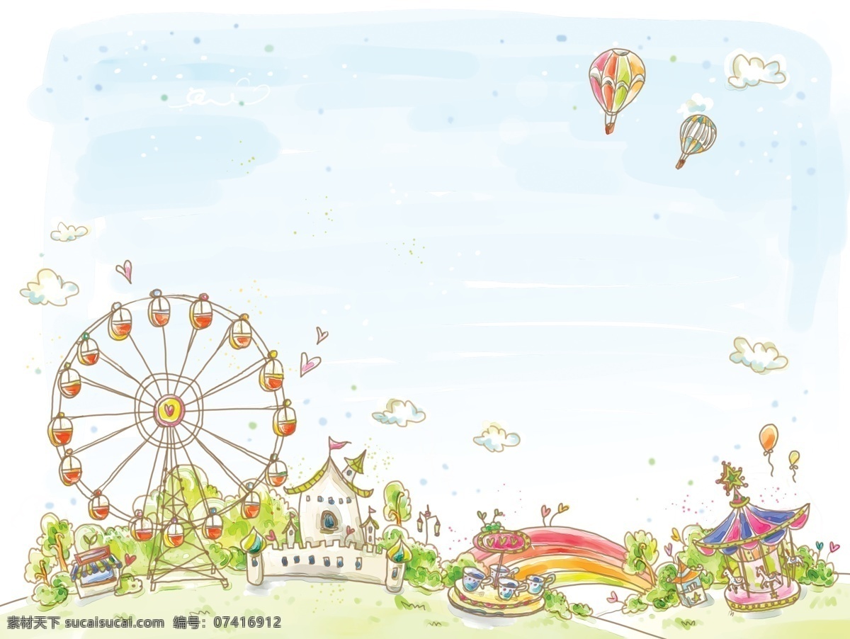 卡通背景 卡通 大转轮 游乐场 热气球 城堡 背景素材 分层 源文件