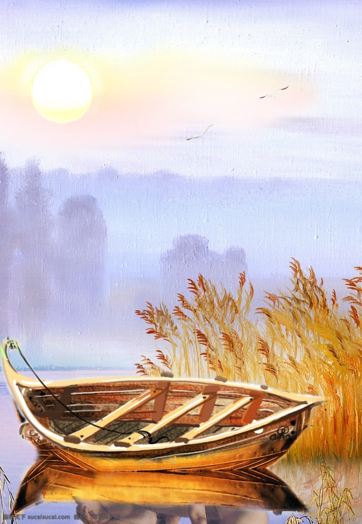 湖水 木舟 装饰画 稻草 月光 图案 图画