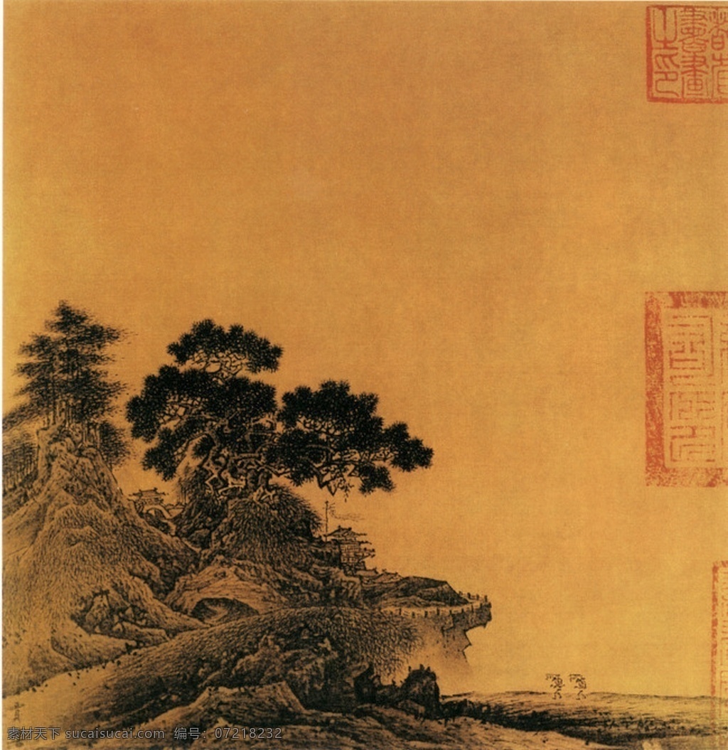 山水 名画 岩 关 古寺 图 装饰画 岩关 深棕 树
