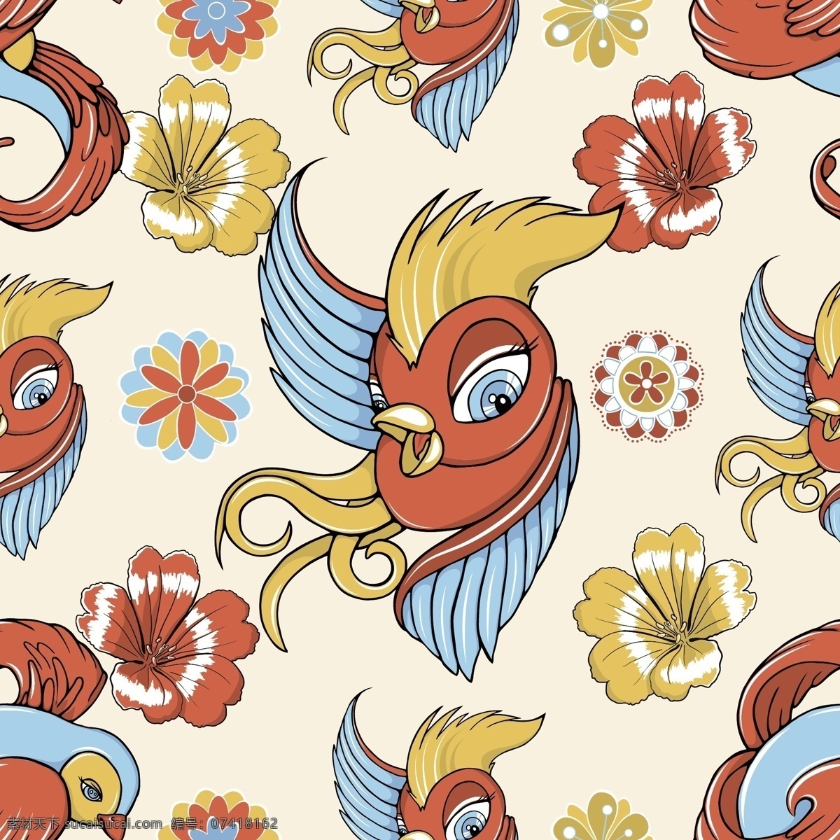 矢量 卡通 小鸟 彩绘 图案 花朵 花纹 卡通彩绘 卡通图案 枝叶 矢量图 花纹花边