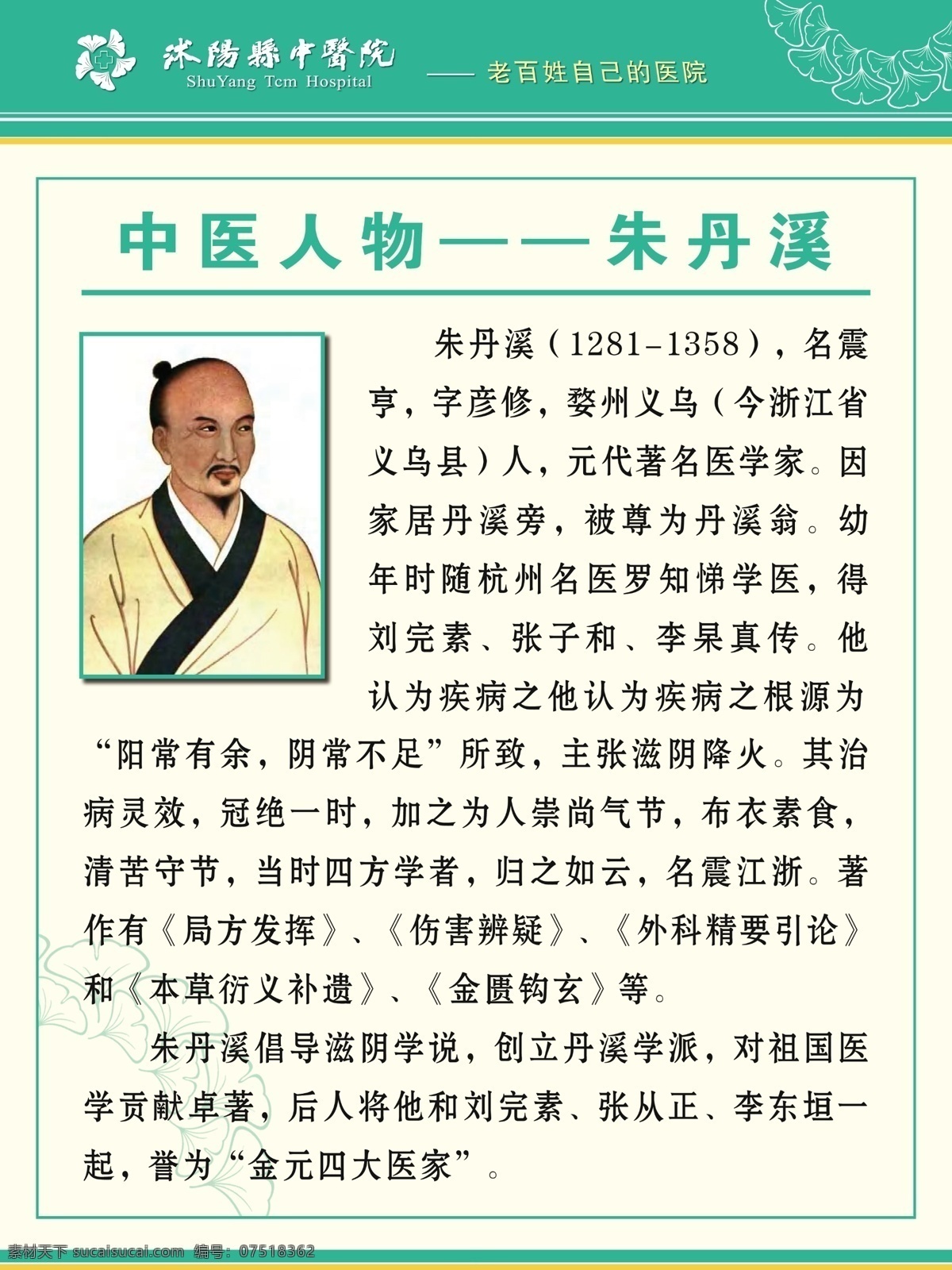 分层 绿色边框 源文件 中医 简介 模板下载 中医简介 朱 丹溪 肖像 银杏叶花纹 橙色色条 不才之作 海报 其他海报设计