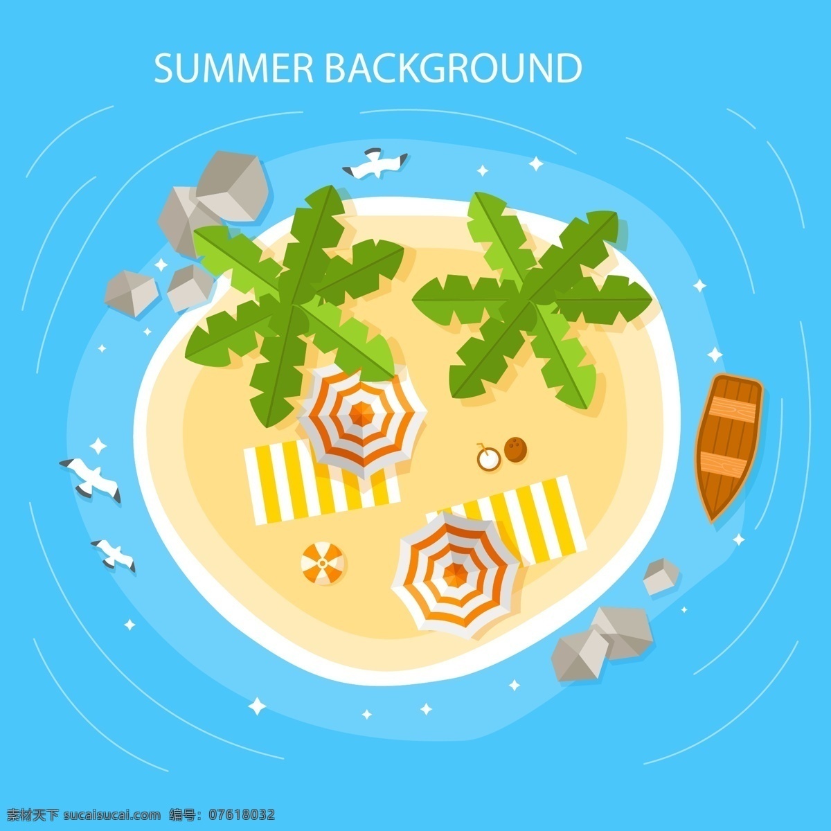 创意 夏季 度假 沙滩 俯视图 矢量 大海 棕榈树 海鸥 船 遮阳伞 石头 礁石 椰汁 动漫动画 风景漫画