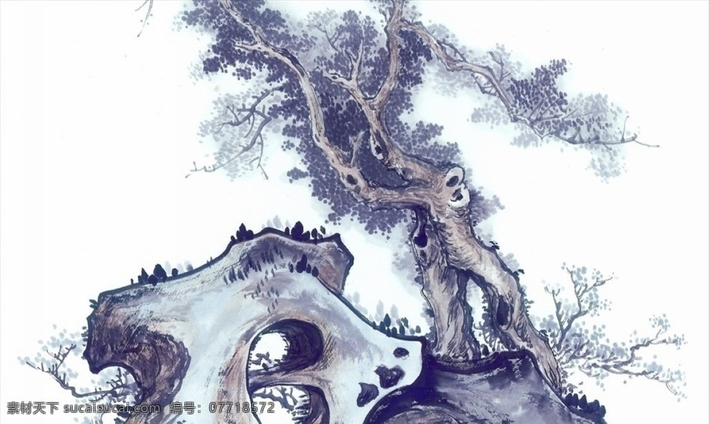 松树 水墨 白色背景 绘画 国画 水墨古画 文化艺术 绘画书法