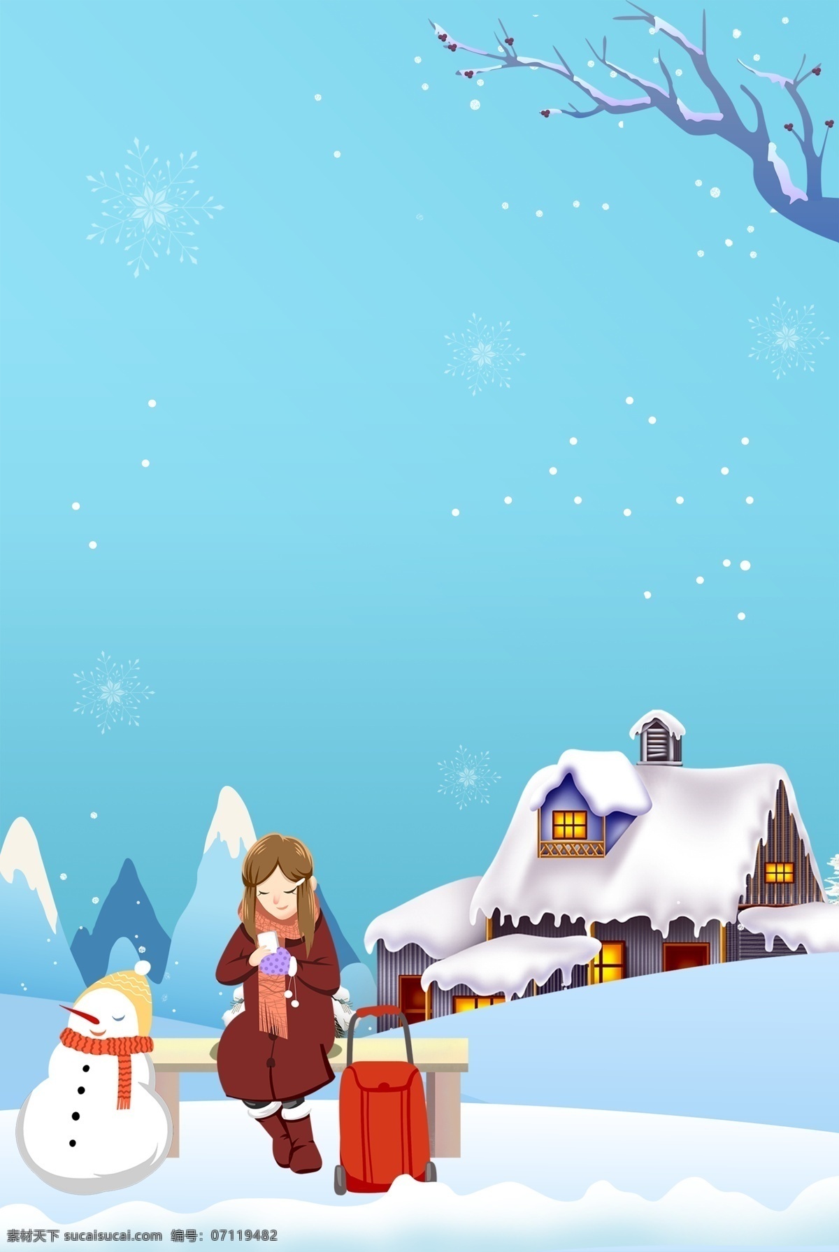 月 你好 雪屋 雪人 卡通 女孩 海报 12月你好 十二月你好 冬季 冬天 清新 雪景