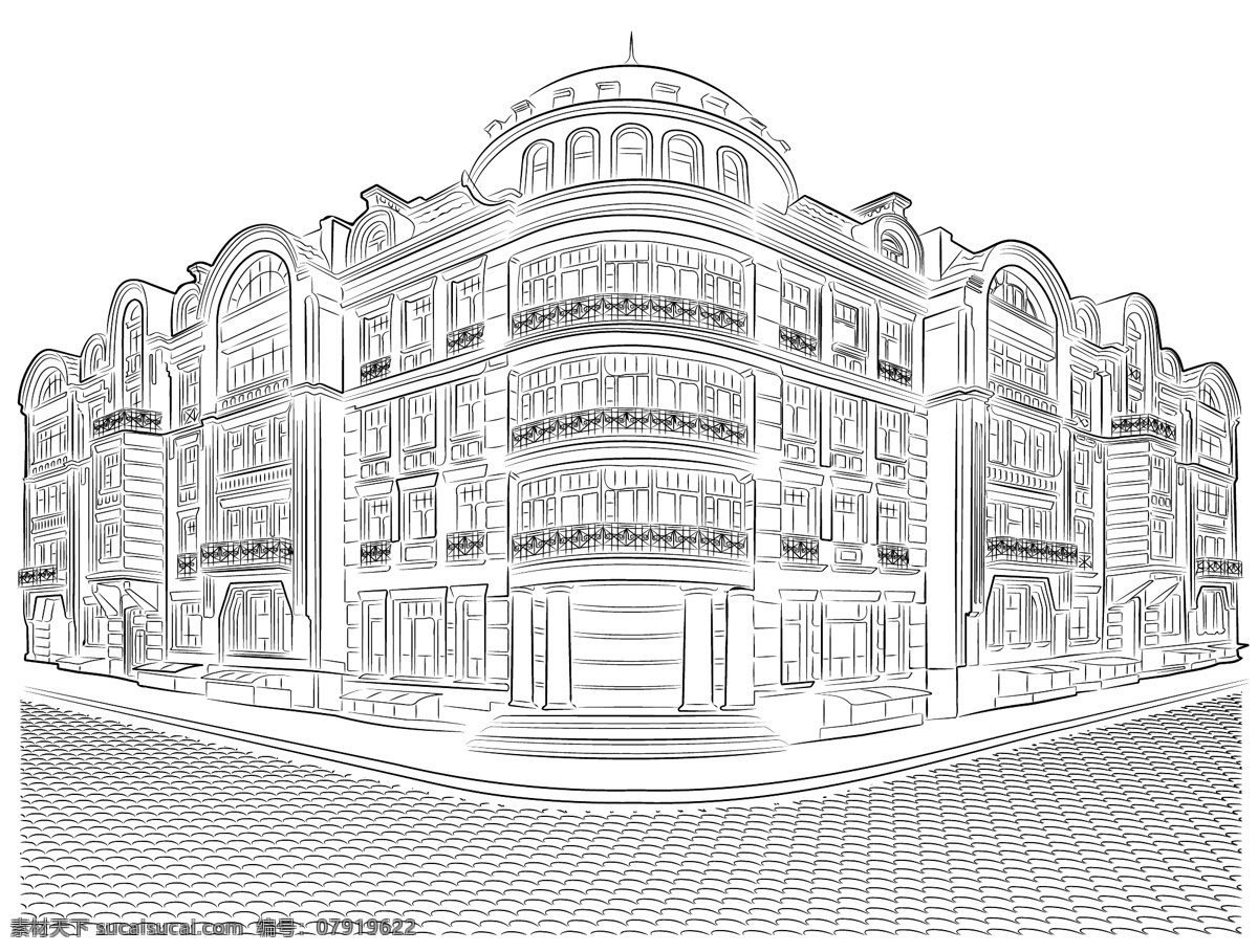 白描建筑 建筑 手绘 效果图 国外 城市手绘风 城市建筑 房屋 高楼 建筑群体 马路 路灯 简单 纸质纹理 旅游风景
