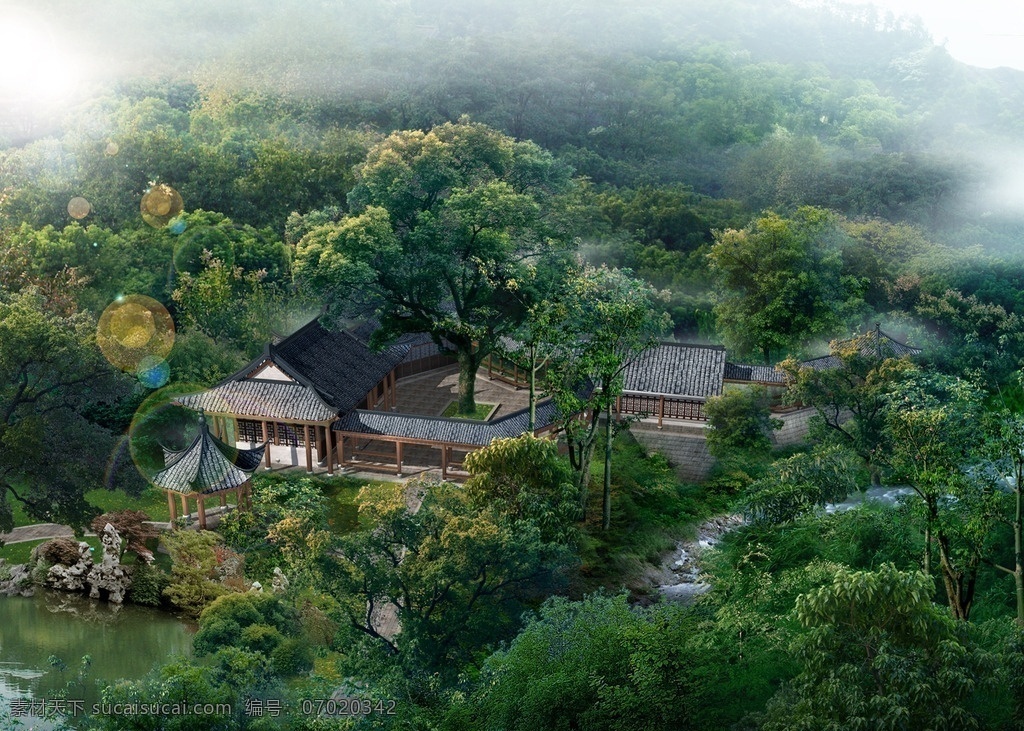 旅游区 古建筑 景观 池塘 假山 阳光 草地 树木 房屋 建筑物 山峰 云雾效果 环境设计 景观设计