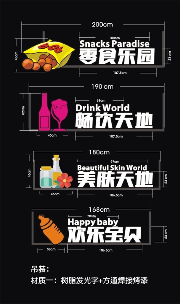 区域 主题 发光 字 发光字 树脂字 不锈钢字 超市 区域发光字 生鲜区 洗化区 吊挂 标识 vi设计