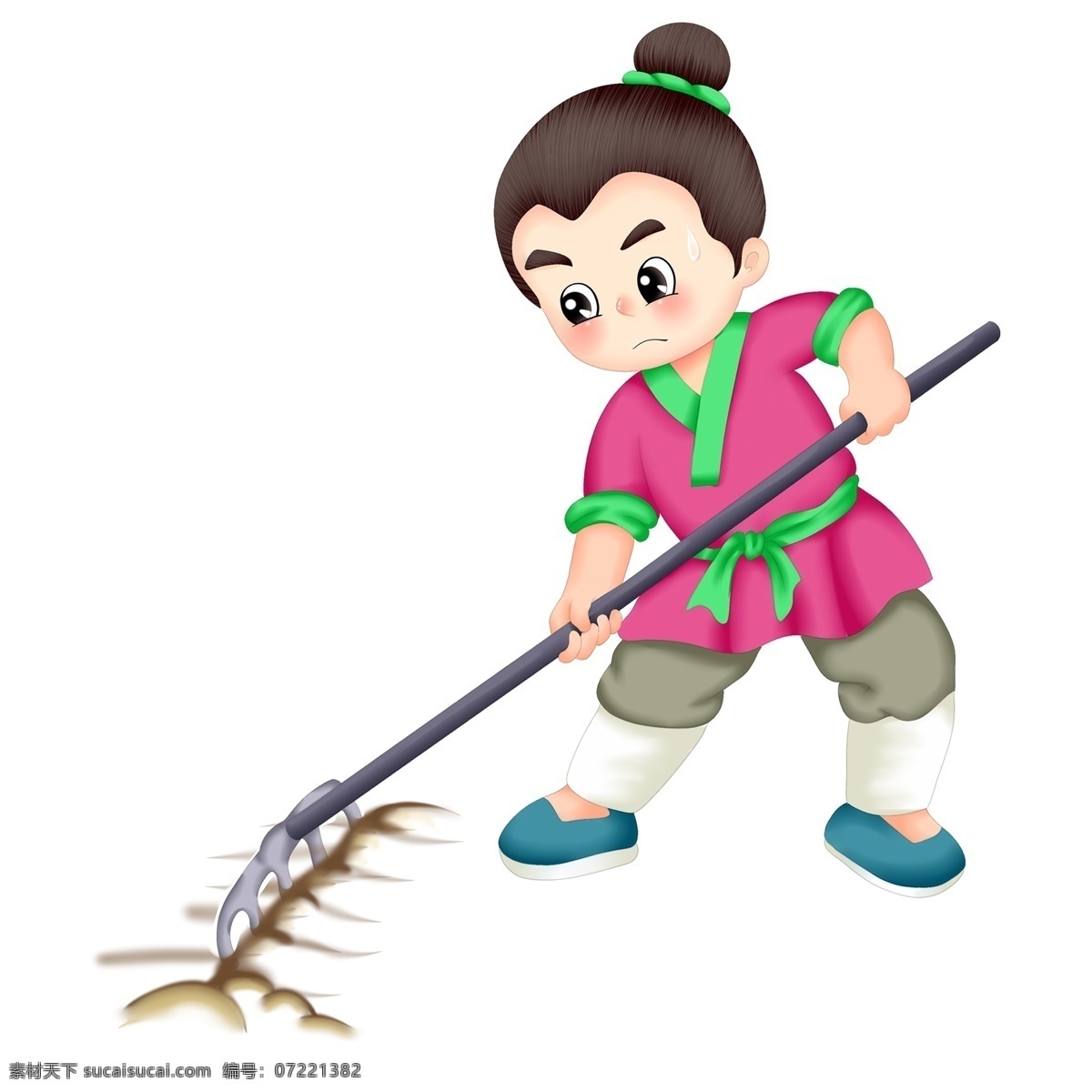 锄 种地 古代 少年 手绘 q版 卡通 农民 男子 锄地