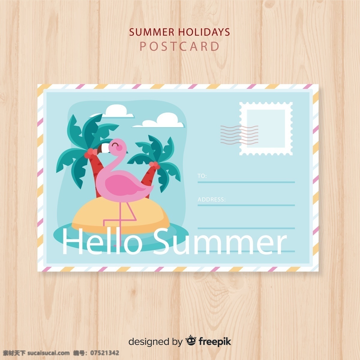 夏季 假期 明信片 大海 椰子树 岛屿 木板 创意 火烈鸟 矢量 高清图片