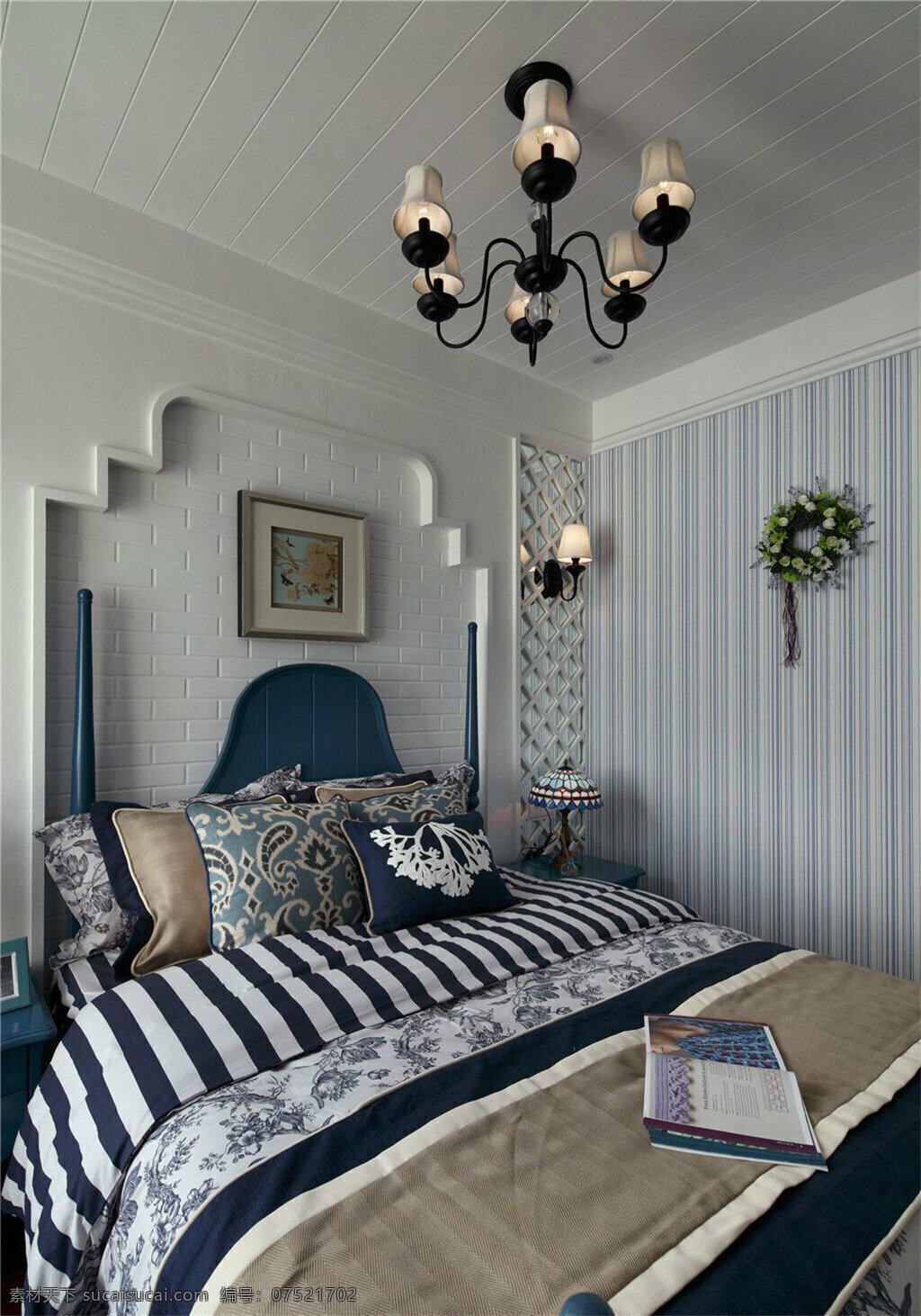 地中 海风 室内设计 卧室 衣柜 效果图 现代 简约 床 吊灯 照片背景墙 风 家装