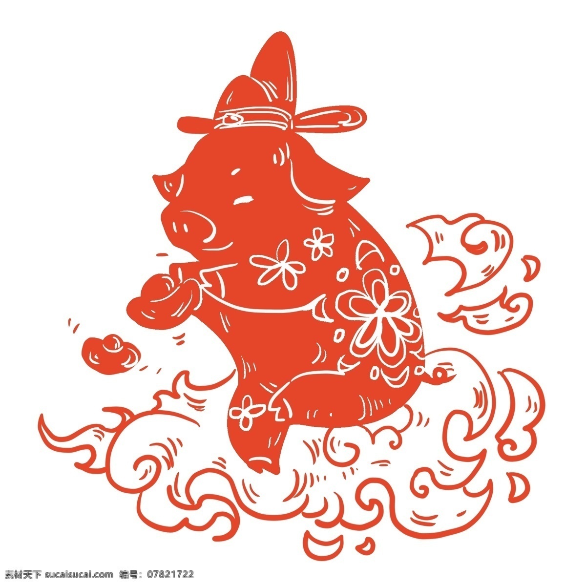 小 猪 红色 新年 吉祥 图 小猪 元宝 花纹 花朵 云朵 祥云 传统 升官 发财 插图 手工 海报