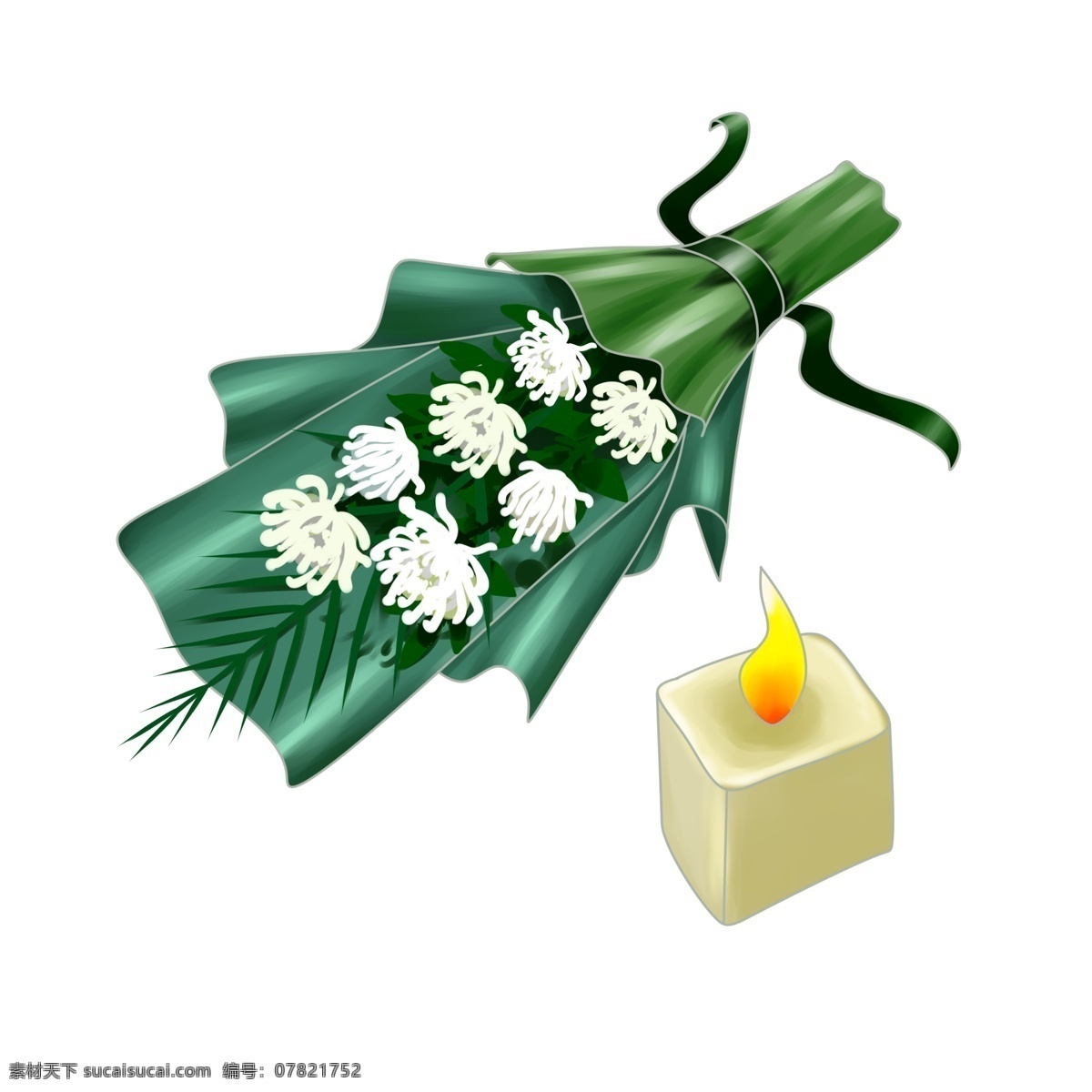 清明节 祭祀 花束 插画 白色的花朵 白色的蜡烛 绿色的叶子 卡通的插画 清明节插画 清明节祭祖