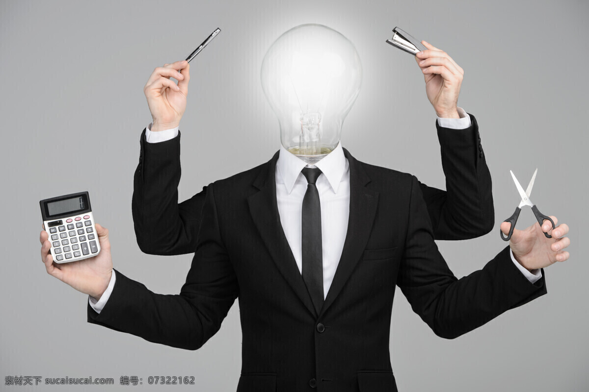创意 电灯泡 商务 男士 笔 订书机 计算器 剪刀 商务男士 职业男性 一心多用 工作繁忙 生活人物 人物图片
