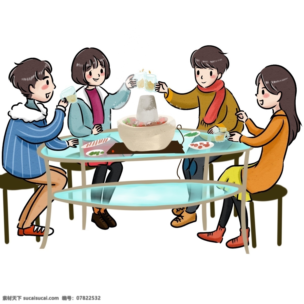 年底 朋友 聚餐 欢庆 迎新 春 吃 火锅 桌子 玻璃 蓝色 红色 黄色 过新年 吃火锅 碰杯 聊天 狂欢 同事 围巾 白色
