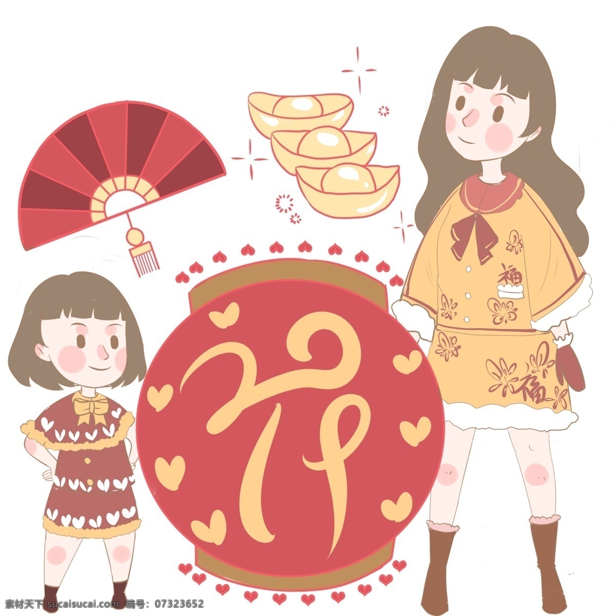 红红火火 金色 元宝 财源 滚滚 金灿灿 花开富贵 猪年 农历新年 小孩 三个元宝 如意扇子 大型红色灯笼 2019 新年