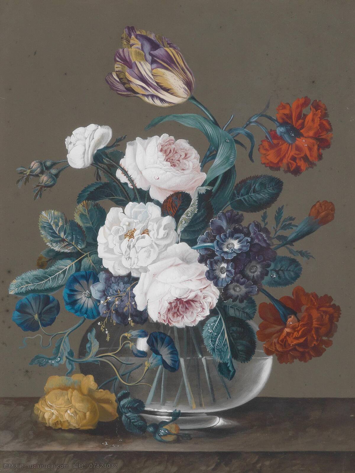 维格曼作品 塞巴斯蒂安 静物鲜花 混搭 玻璃花瓶 水珠 台子 世纪 水彩画 文化艺术 绘画书法