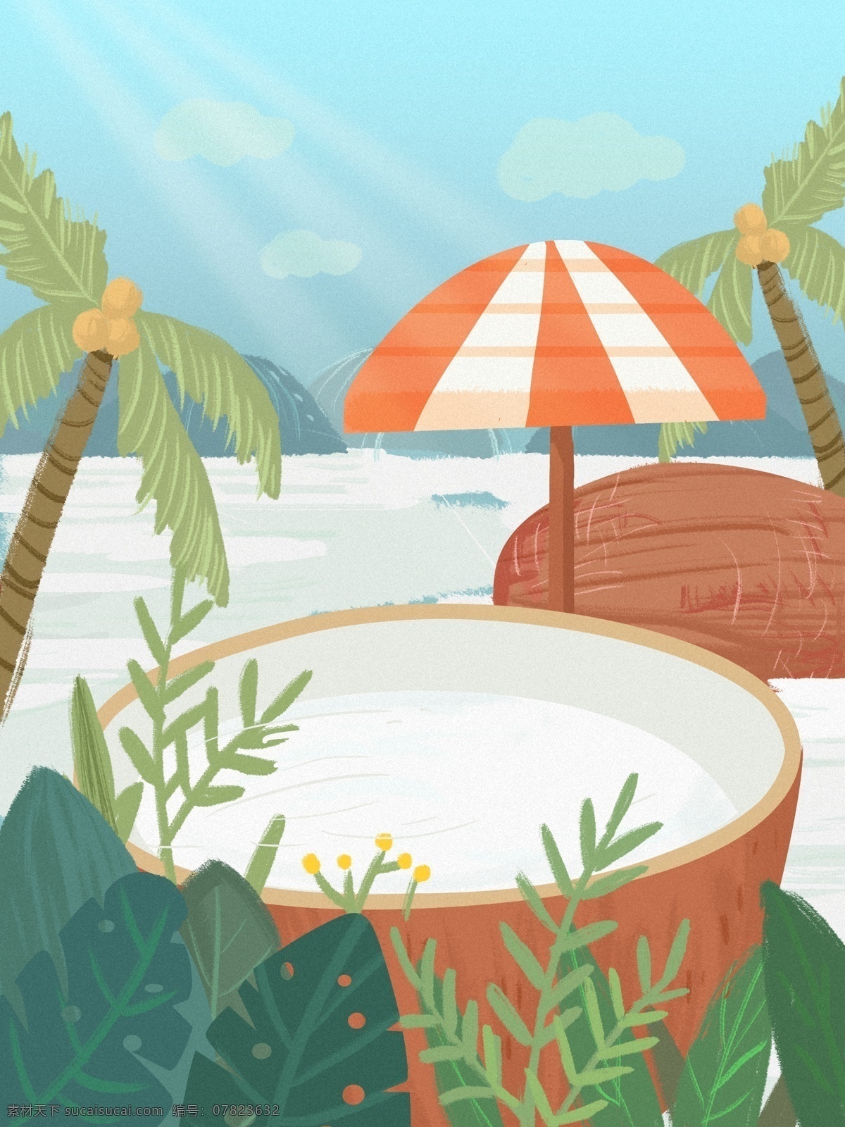 清新 风 夏季 旅游 海边 插画 背景 手绘背景 夏季旅游 海边背景 卡通背景 插画背景 椰子树