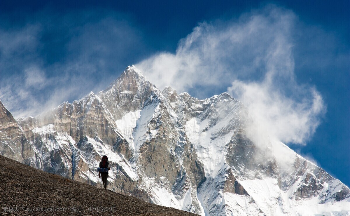 壮观的雪山 蓝天 白云 人物 雪山 自然风景 自然景观 白色