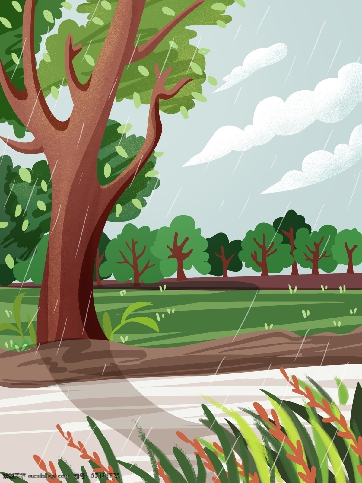 清新 田园 草地 树木 插画 卡通 彩色 创意 装饰 背景 设计背景 海报背景 简约 图案
