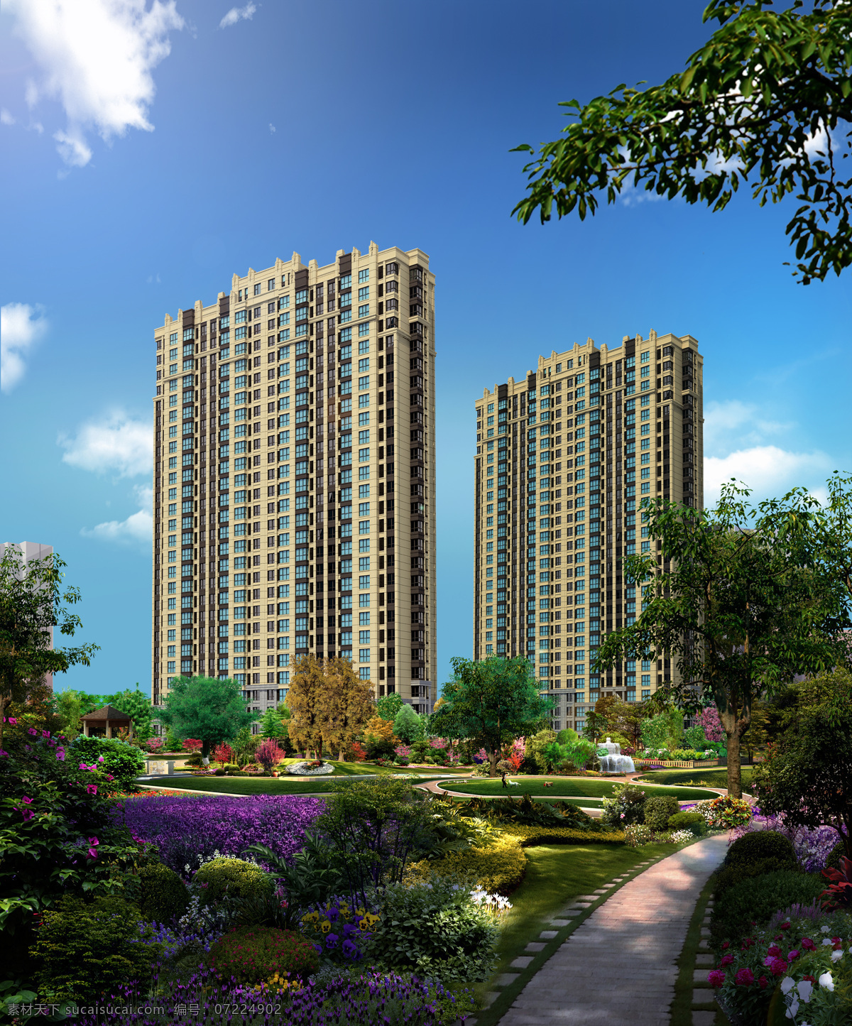 高层效果图 高层 花园洋房 花园 洋房 效果 花园效果 地产海报 地产花园 房地产 展板 展架 底图 蓝天白云 俯视 建筑园林 园林建筑