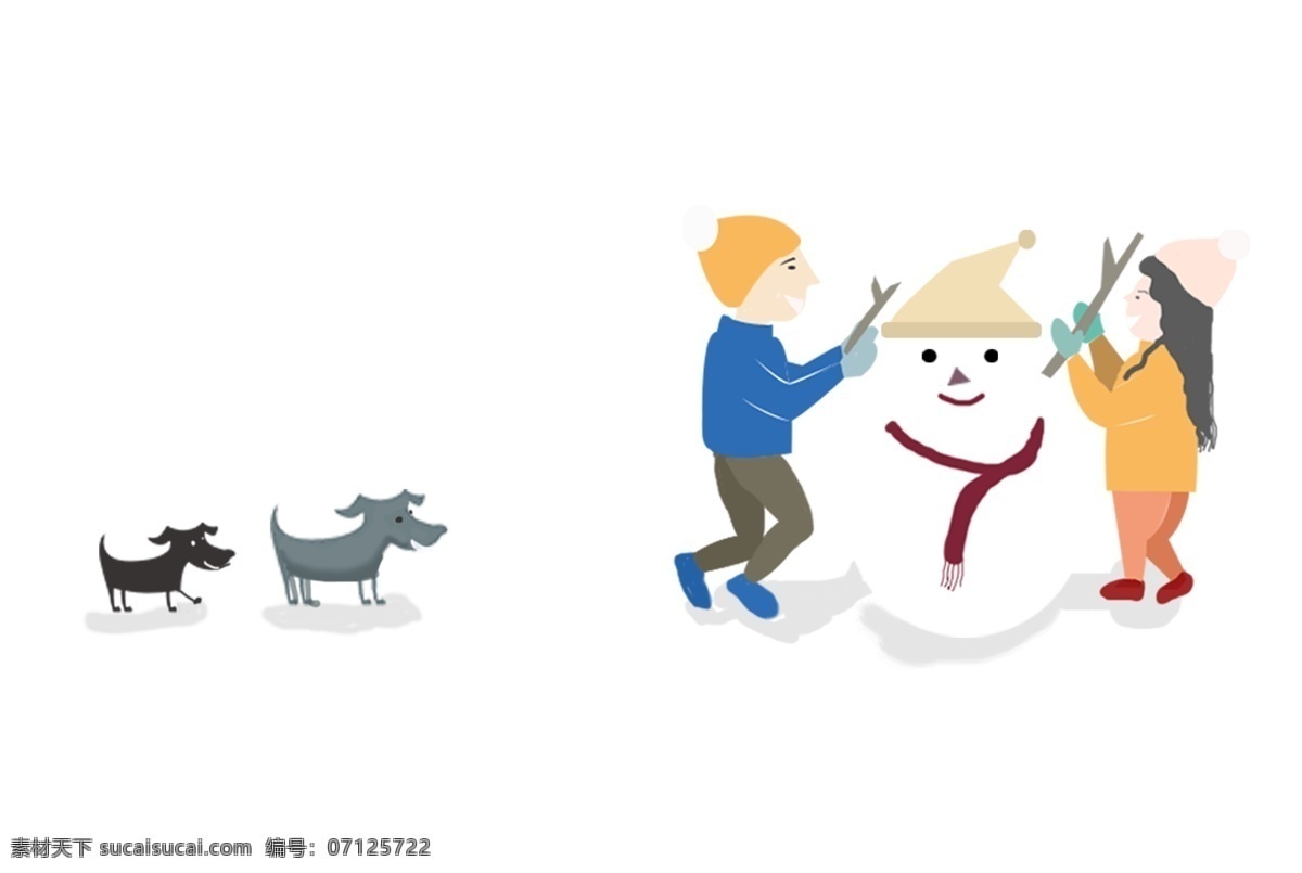 手绘 卡通 堆 雪人 装饰 可爱 冬天 女孩 堆雪人 小狗 男孩