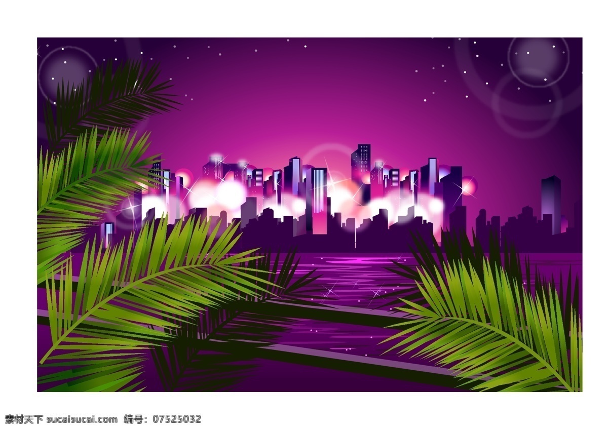 城市 夜景 城市夜景 大海 光 光芒 海 树叶 叶子 夜景效果图 夜景照 矢量图
