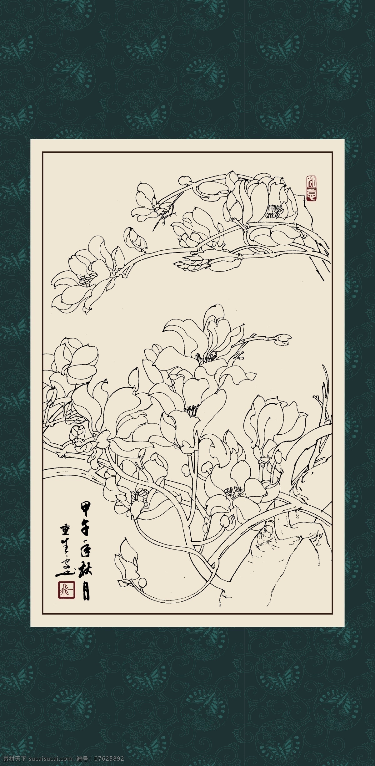 绘画 白描 线描 手绘 国画 轮廓 印章 书法 装裱 植物 花卉 花草 花鸟 工笔 写实 写生 毛笔画 昆虫 白描玉兰 文化艺术 绘画书法