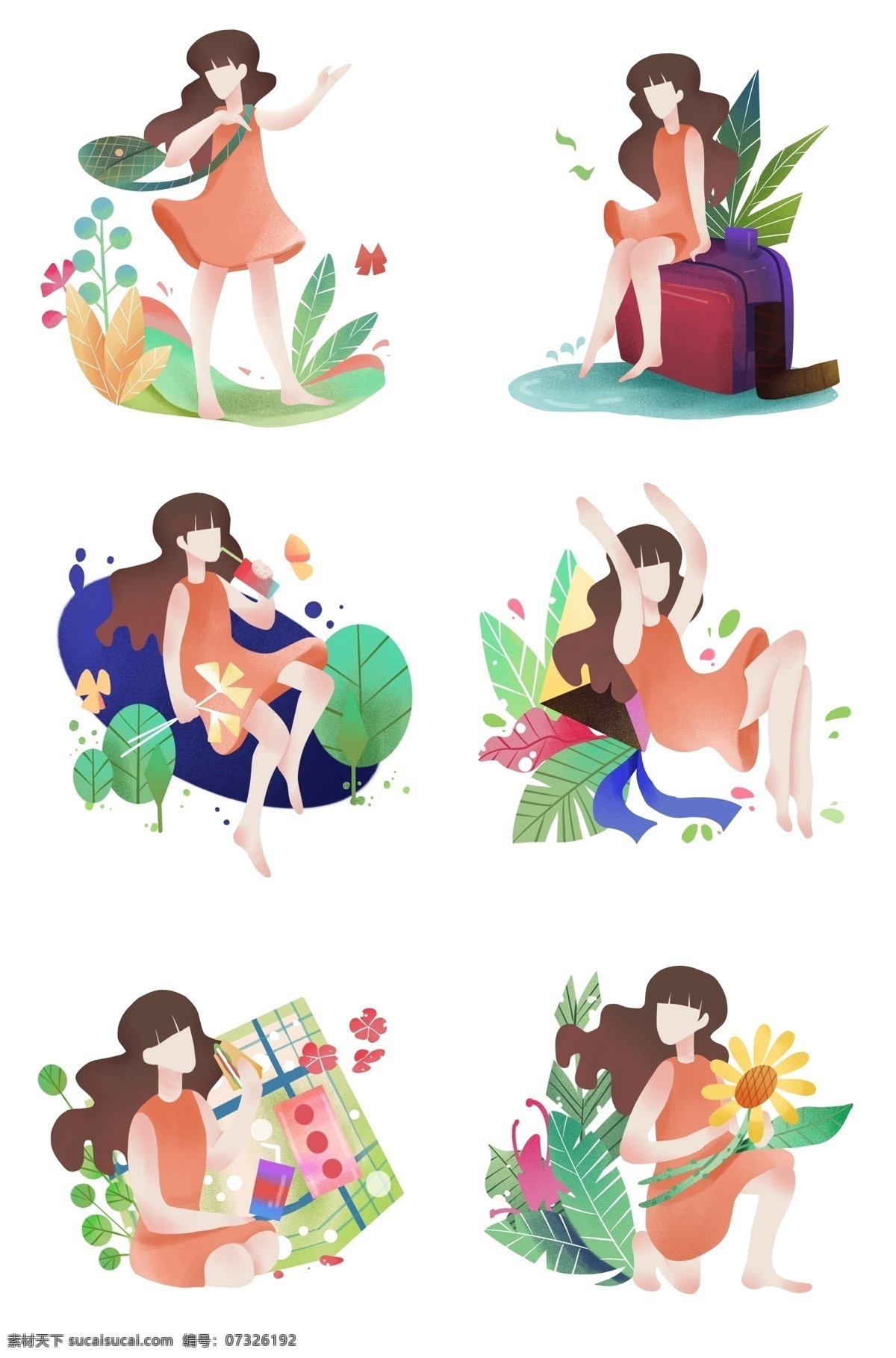 踏青 人物 插画 合集 漂亮的小女孩 绿色的叶子 植物装饰 卡通人物 野餐的女孩