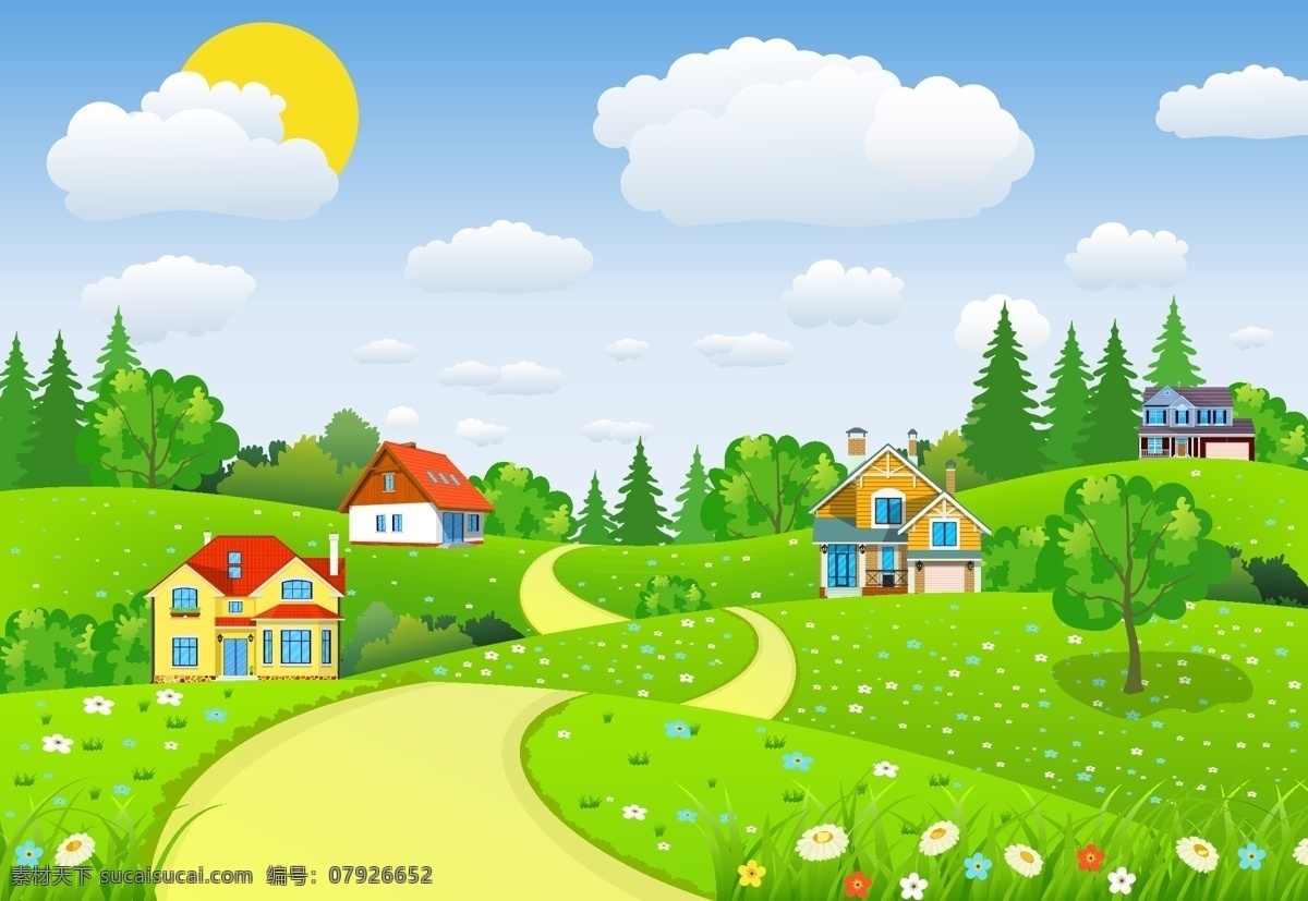 卡通树木 风景画 圆形风景 卡通风景插画 路上风光 路沿线风景 卡通山间 公路风景 矢量 道路 风景 山 山坡 石头 树木 自然景观 自然风光 升起的太阳 郊外 自然 太阳 光线 云朵 路 矢量素材