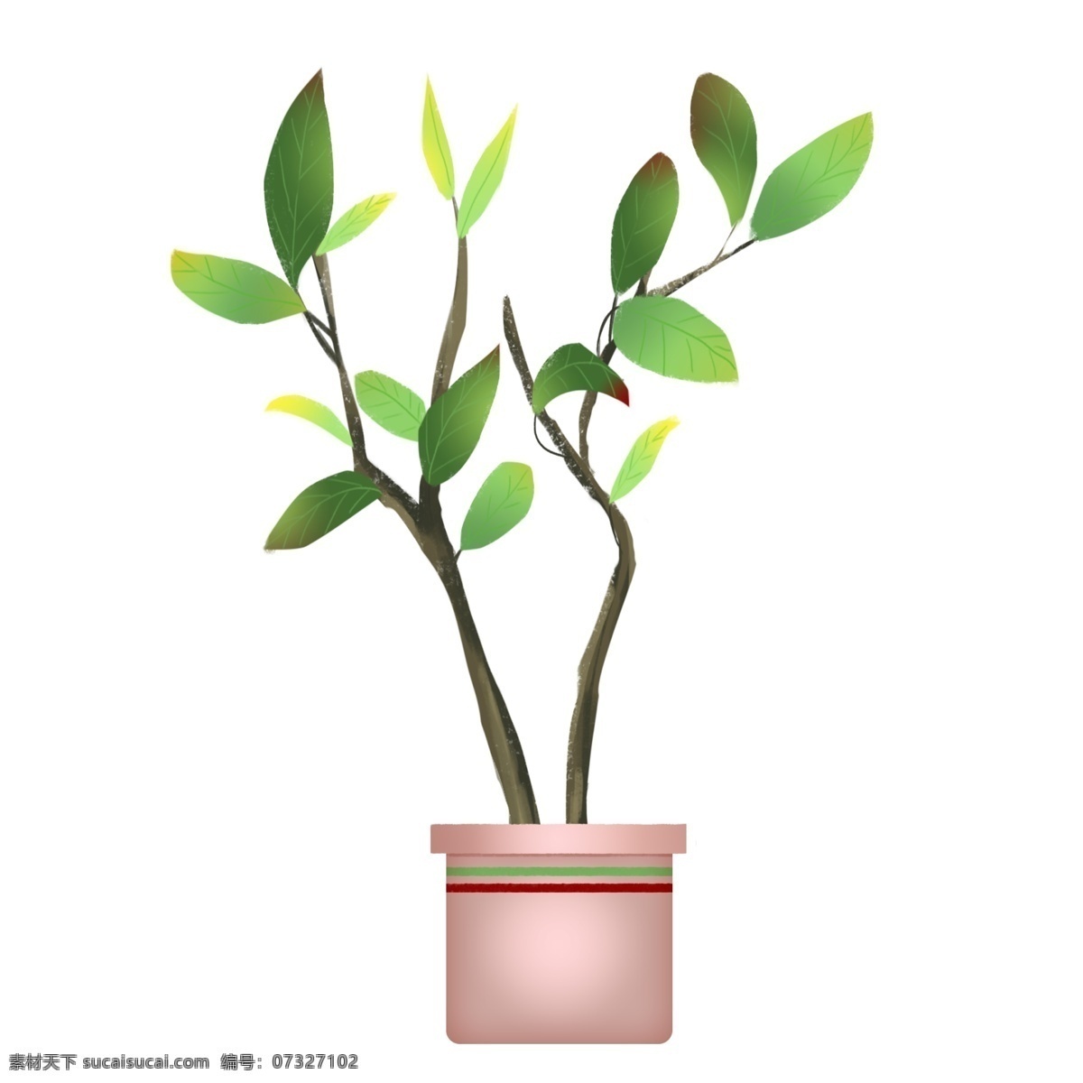 绿色植物 盆栽 插画 绿色的盆栽 卡通插画 绿植插画 植物插画 枝条插画 红色的花盆