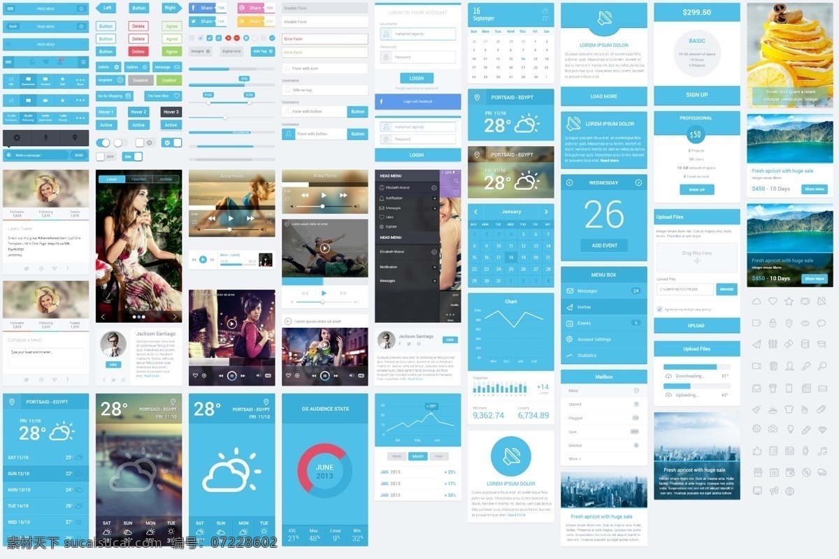 mobile ui 播放器 登录 分享 进度条 日历 手机应用 天气 温度 flatastic kit 用户 音乐 psd源文件