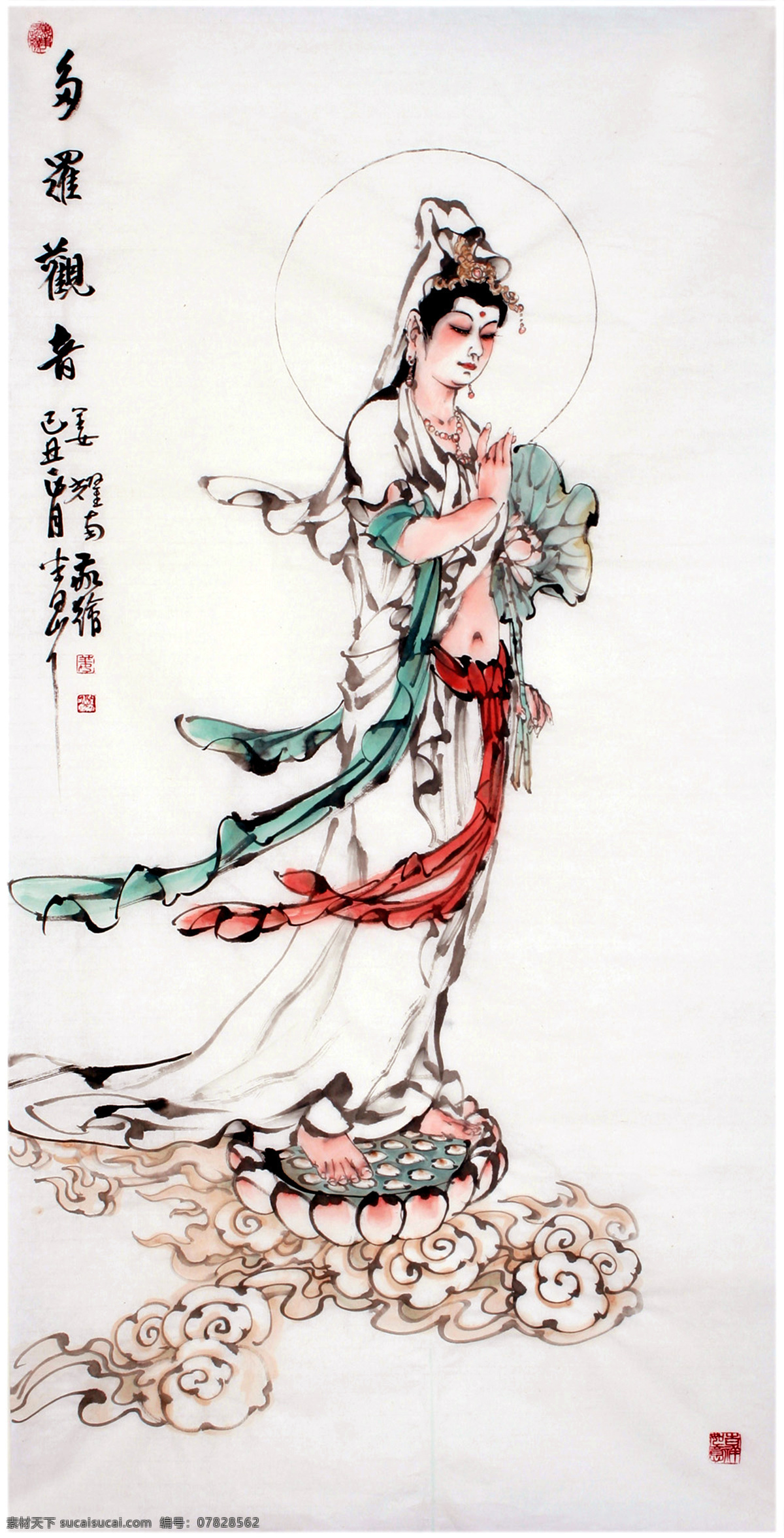 观音菩萨 宗教 佛教 佛像 大慈大悲 救苦救难 普度众生 观世音 美女 女人 女性 女子 赤脚 头饰 簪花 项链 白衣 长裙 飘带 荷花 荷叶 植物 花卉 莲台 祥云 古典 古装 人物画 线描 工笔 字画 中国画 水墨画 彩墨画 装饰 民族风 中国元素 宝图 绘画书法 文化艺术