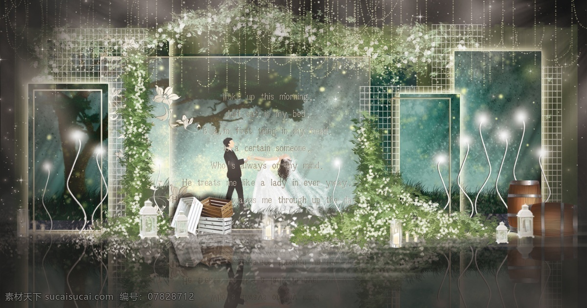 森 系 简约 梦幻 绿色 婚礼 工装 效果图 大气 蜡烛 网格 森系 绿植拱门 酒桶 立体灯 铁艺架 线帘 吊顶 墨绿色 暗色系
