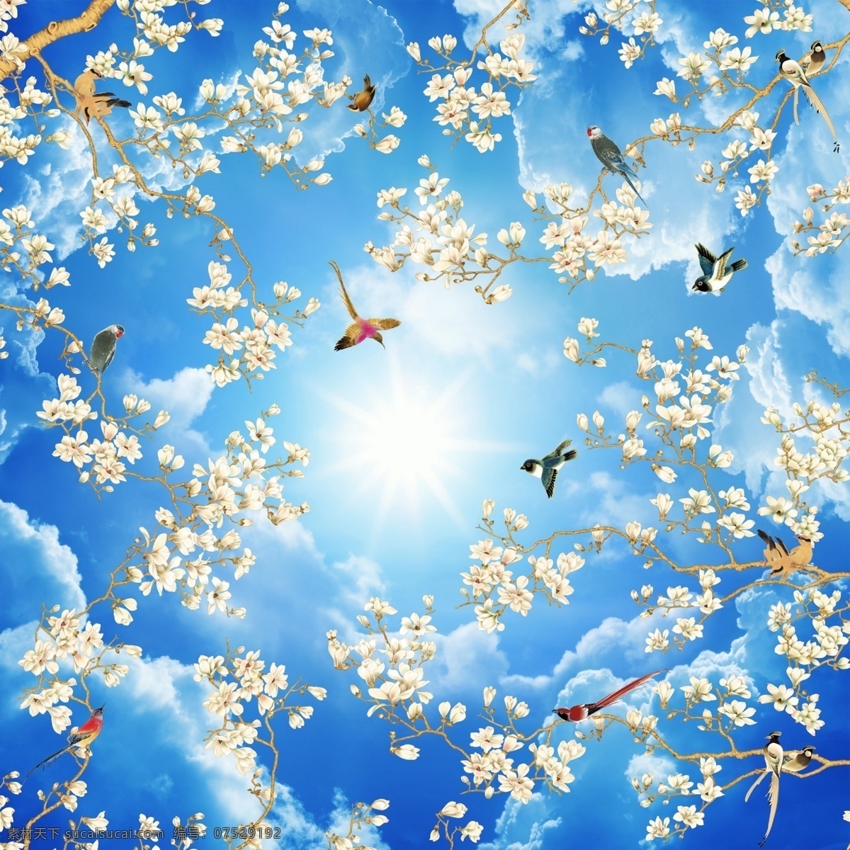 创意 天空 白云 飞鸟 树枝 顶 画 背景 底 顶画 底纹 分层 风景