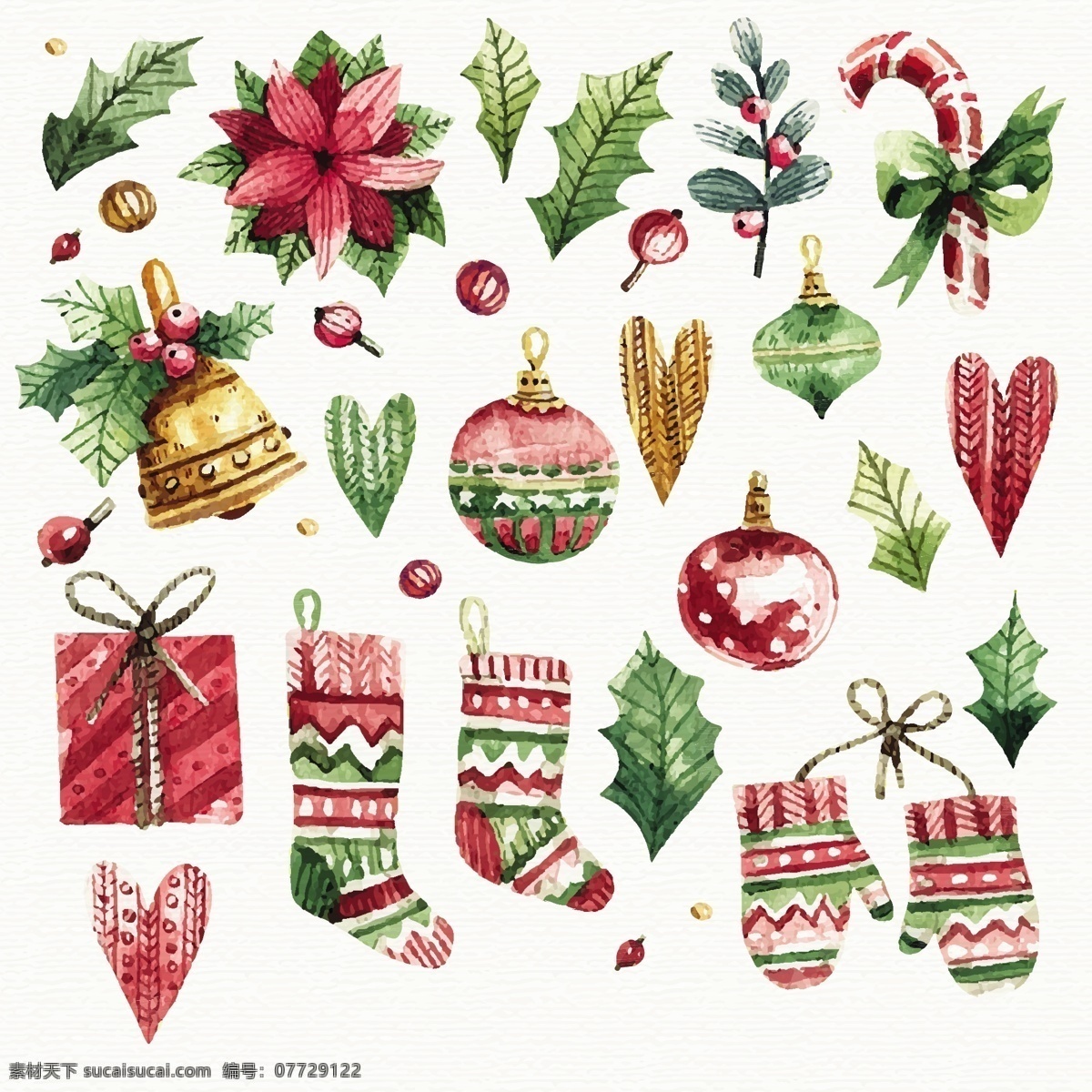 手绘 圣诞 物品 装饰 2018 圣诞节 节日素材 铃铛 圣诞素材 圣诞物品 圣诞元素 圣诞装饰 树叶 袜子礼物