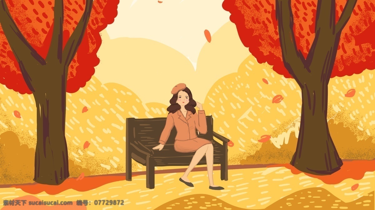 原创 插画 秋天 风景 女孩 坐在 公园 椅子 秋天风景 公园椅子 photoshop 原创插画 手绘