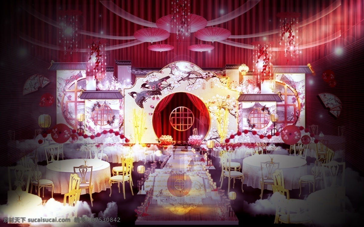 新 中式 江南 烟雨 婚礼 效果图 新中式 舞台区迎宾区 红色 浪漫 大气 上 挡 气