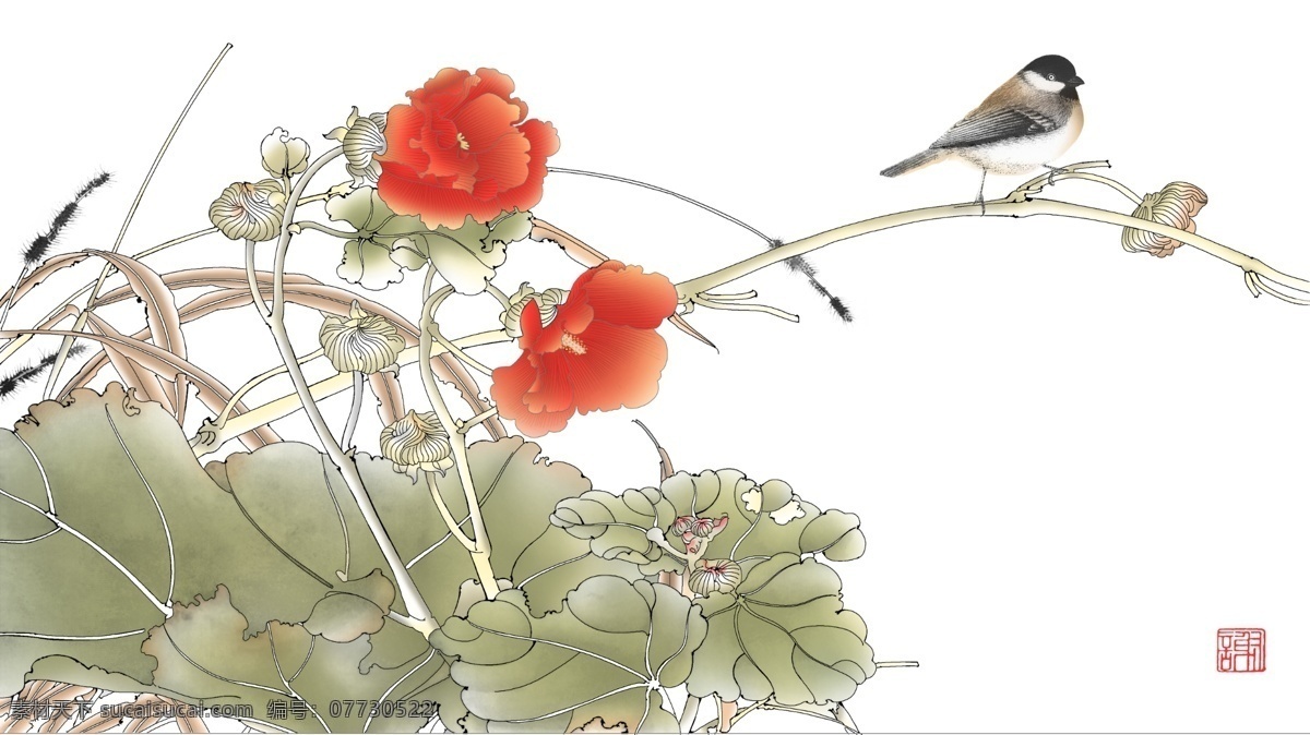 分层 荷花 红色花 芦苇 麻雀 鸟 源文件 中国画 花鸟 模板下载 中国画花鸟 ps 绘制 图 psd源文件