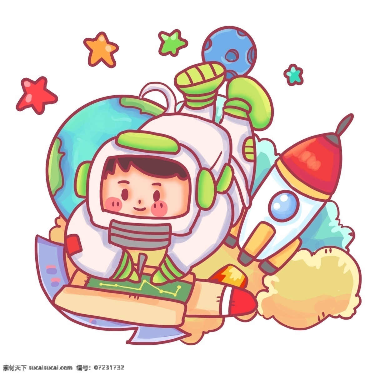 飞翔 宇宙 中 宇航员 漂浮 修理 火箭 梦幻 马卡龙色 可爱 萌 卡通 彩色星星 星球 幻想 陨石 星辰 箭头