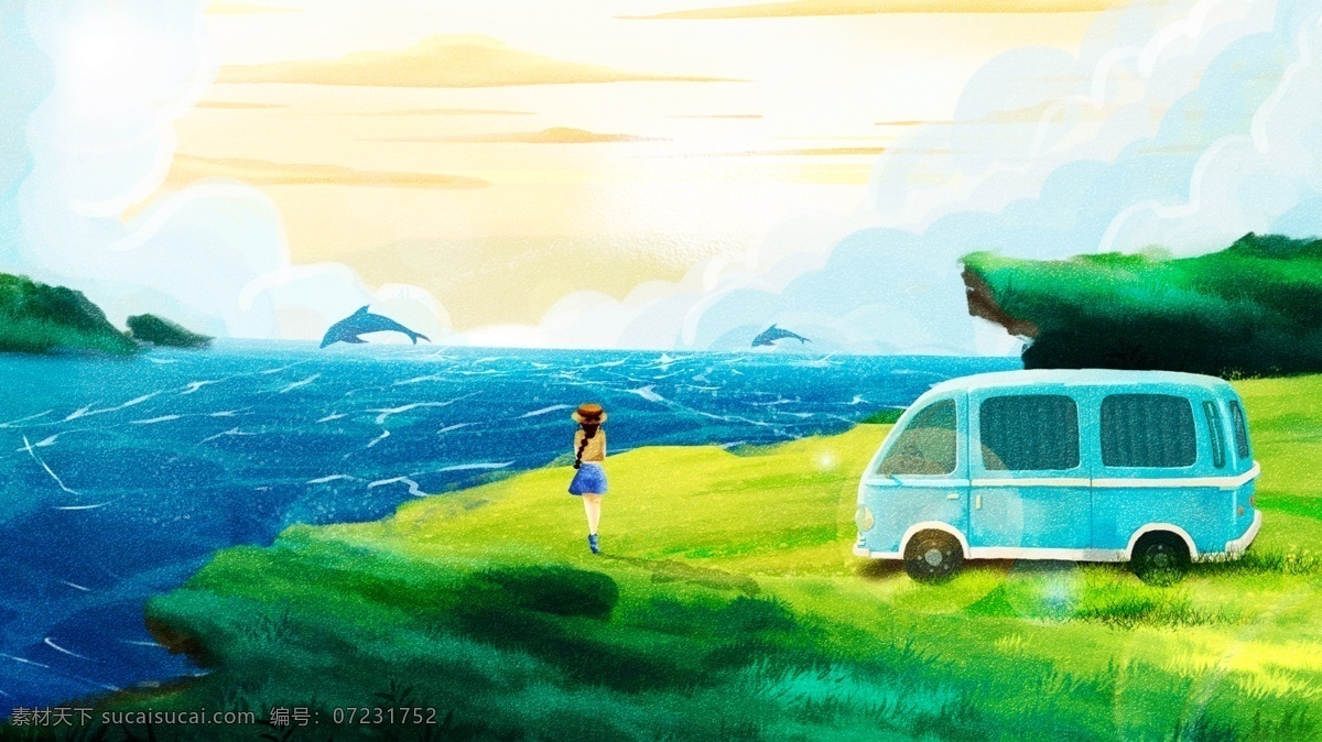 小 清新 夏日 海滩 旅游 插画 夏天 沙滩 冲浪 防晒 海边 小清新 冲浪插画