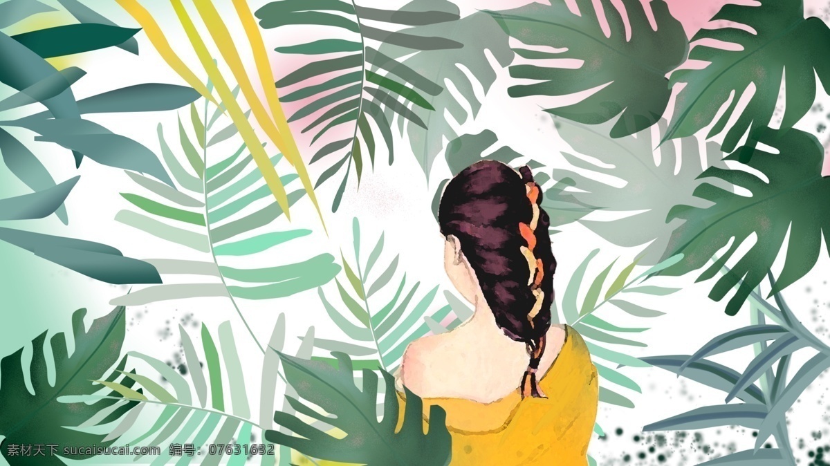 秋季 叶 下 少女 清新 插画 叶下