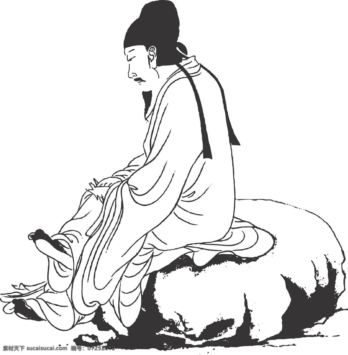 线条 矢量 传统 民俗 装饰 插画 白描 坐着 跷腿 低头 人物图库 男性男人