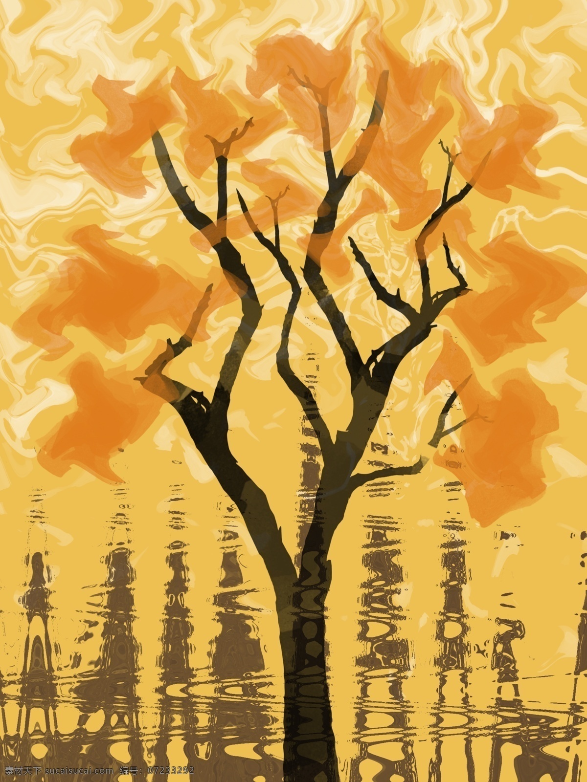 现代 手绘 橘 色 树 客厅 装饰画 淡黄色背景 抽象白云 水彩树 客厅装饰画 波浪纹