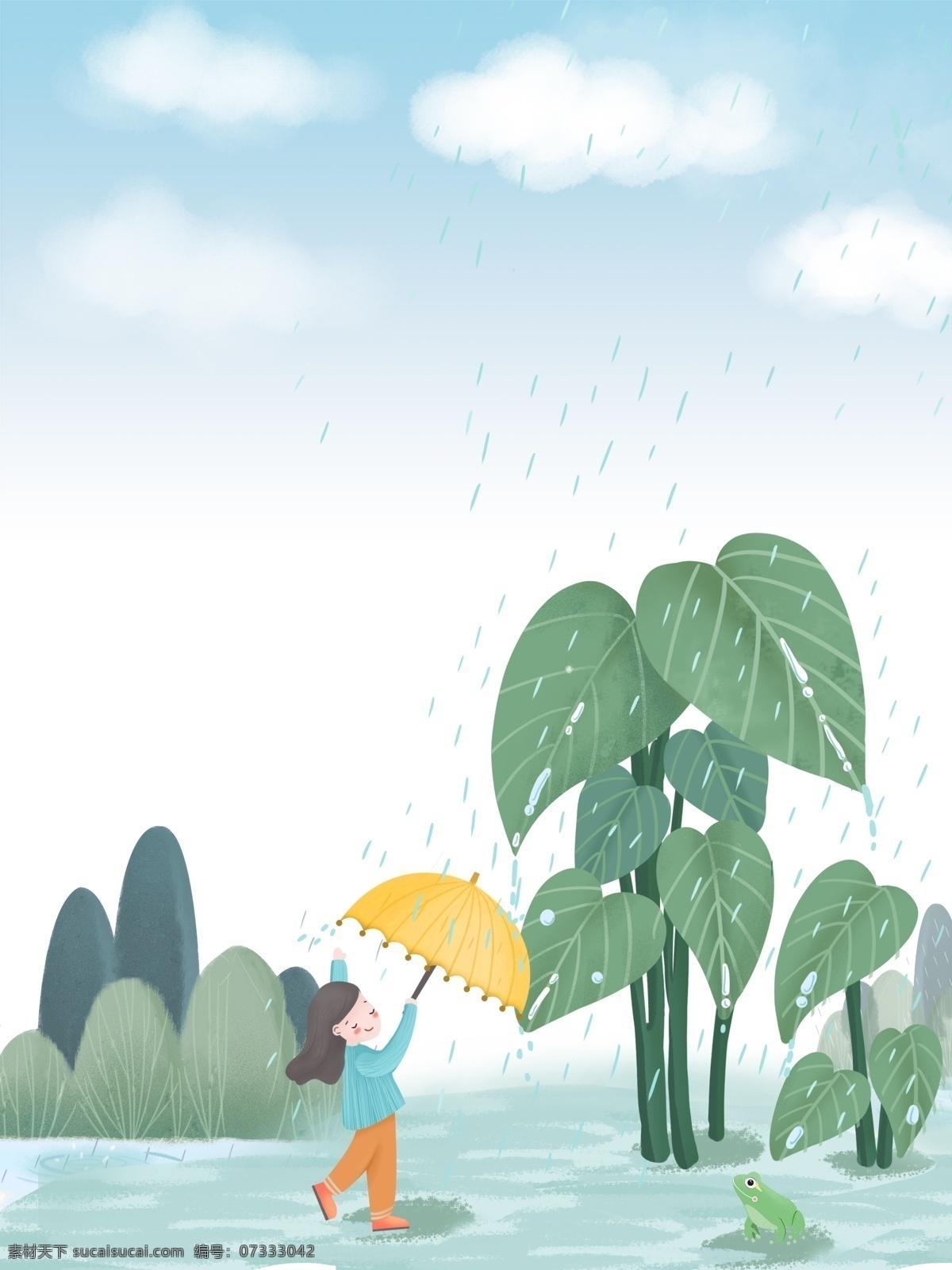 谷雨 打伞 小女孩 背景 打伞的小女孩 春季 春天 蓝天白云 热带植物 手绘 雨水