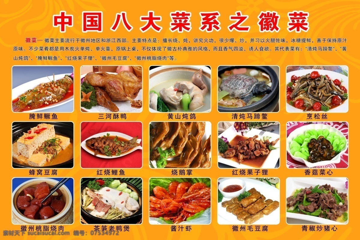 中国 八大菜系 徽菜 腌鲜鳜鱼 三河酥鸭 黄山炖鸽 清炖马蹄鳖 烹松丝 蜂窝豆腐 红烧鲤鱼 烧鹅掌 红烧果子狸 香菇菜心 徽州桃脂烧肉 茶笋老鸭煲 酱汁虾 徽州毛豆腐 青椒炒猪心 菜单菜谱 广告设计模板 源文件